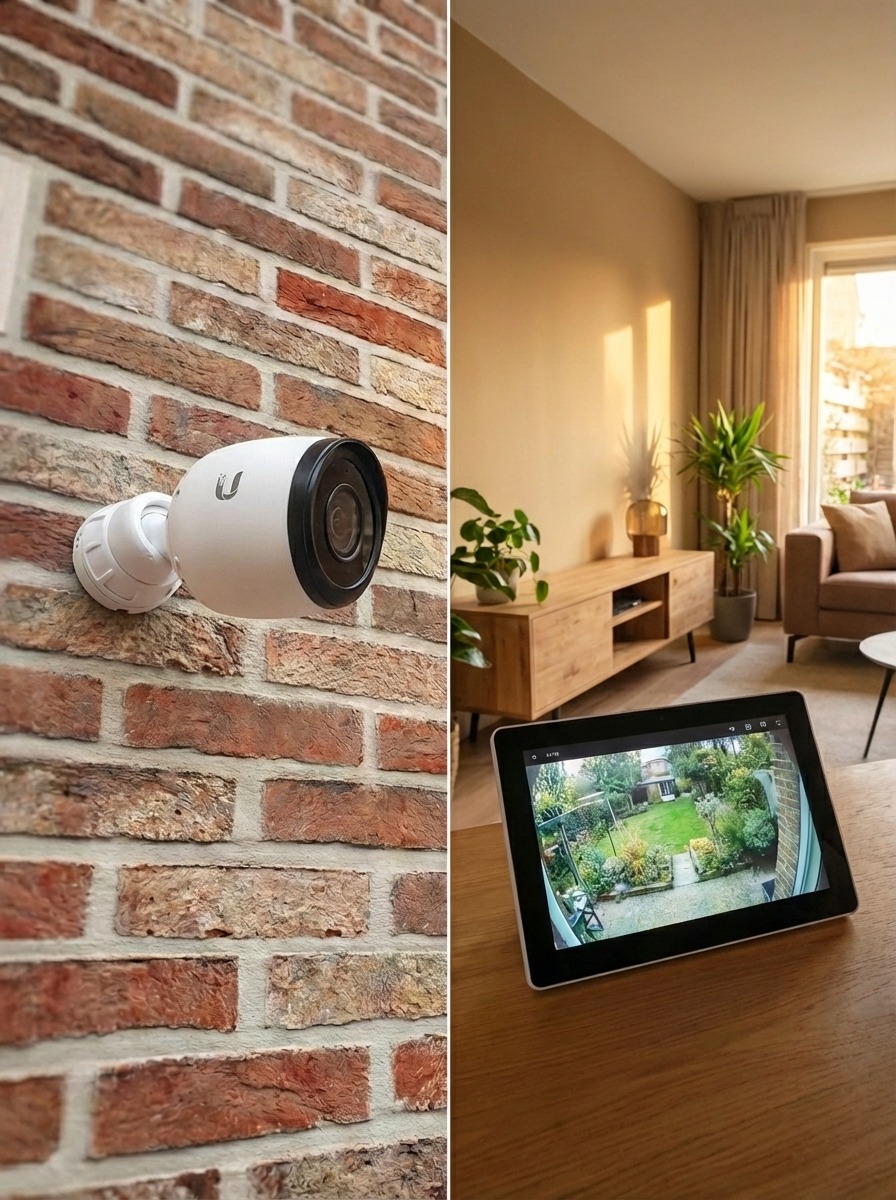 Ubiquiti buitencamera op gevel met live beeld op tablet